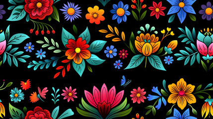 A vibrant floral pattern featuring various colorful flowers against a black background.