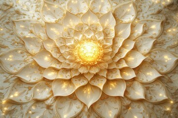 intricate sacred geometry mandala in gold and white radiating patterns with lotus motifs ethereal glowing center spiritual symmetry design