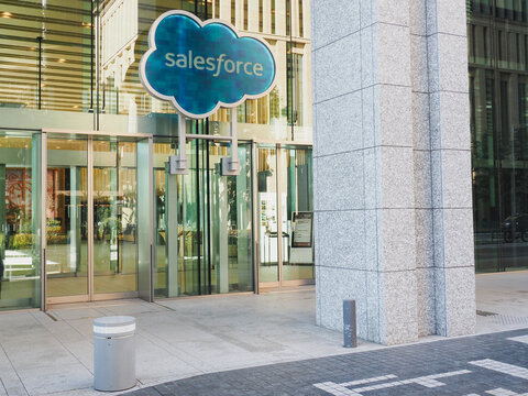 TOKYO, JAPAN - February 13, 2025: Front of the Salesforce Tokyo Tower in Tokyo's Marunouchi area.