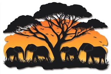 majestic elephant herd silhouetted against orange african sunset, acacia trees casting long shadows, dusty savanna