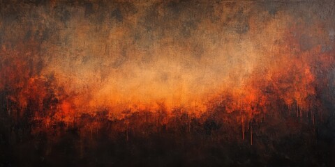 Abstract fiery landscape painting in orange and brown hues