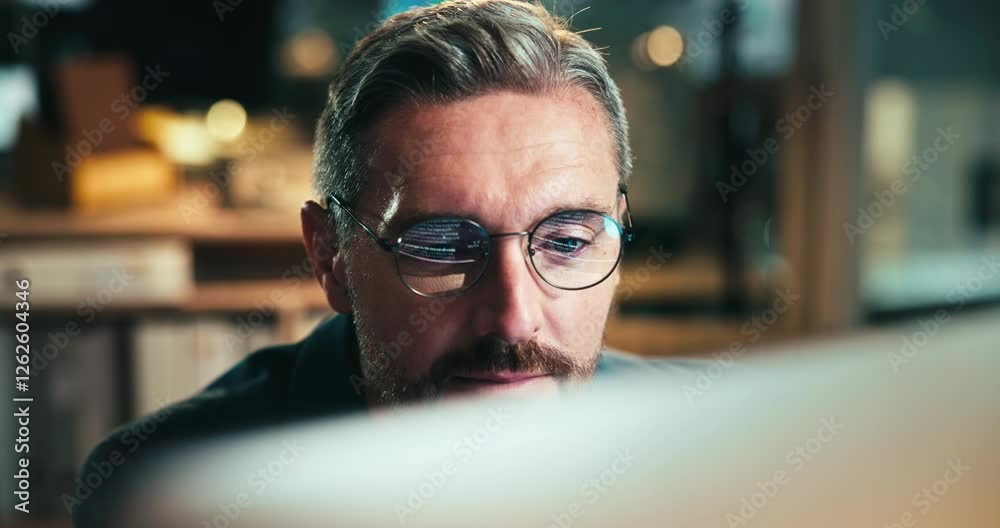 Fototapete Mature man, night and computer for plan in office, senior software developer and ideas for html. Glasses, reflection and brainstorming solution for cpu update, online algorithm and thinking on code