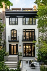 Fototapeta premium Modern architecture of a three-story brick house surrounded by lush greenery with a stylish outdoor seating area and large windows inviting natural light during the day