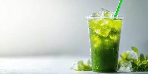 Refreshing green drink served with ice and mint at a sunny cafe table