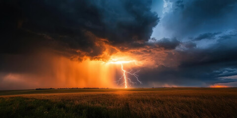 dramatic lightning strike illuminates stormy sky over golden field, creating breathtaking contrast of colors and emotions