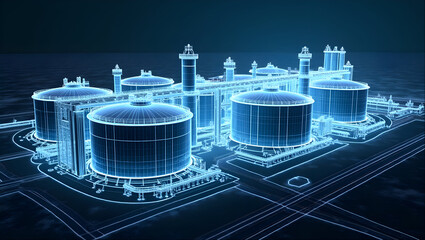 Industrial LNG Liquid Gas Refinery and Storage Tank Facility Petrochemical Energy Power Infrastructure Industry 3D wireframe drawing