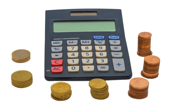 Calculator with Stacks of Euro Coins on White Background