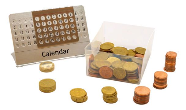 Euro Coins with Desk Calendar on White Background