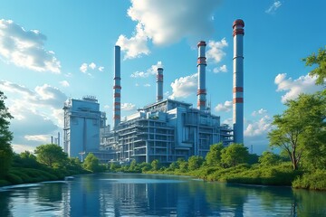 Obraz premium Modern Power Plant by a River with Lush Greenery - Industrial Facility and Environmental Harmony