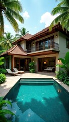Fototapeta premium Grand tropical home, private pool, abundant foliage, design, leaves, palm trees