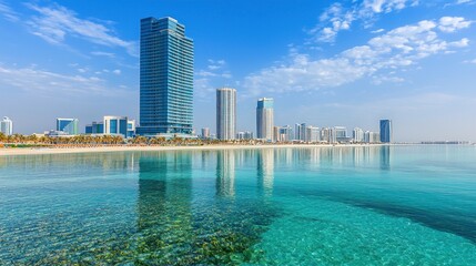 Naklejka premium Coastal city skyline reflected in turquoise water