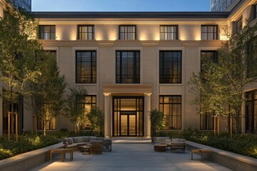 Fototapeta premium Elegant courtyard at dusk showcasing modern architecture surrounded by greenery creates a serene atmosphere perfect for relaxation in an urban setting