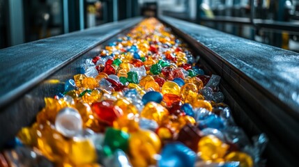 A conveyor belt is efficiently moving a vibrant array of sorted plastic waste, preparing it for processing in a shredding machine at a recycling facility.