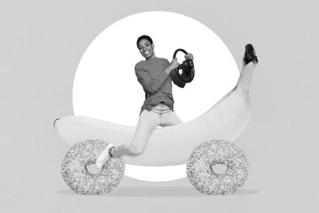 Creative 3d artwork photo collage of young smiling girl drive steering wheel banana car with donuts...