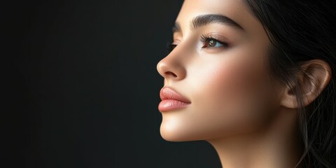 Expressive portrait of a young woman against a dark background highlighting her features and serene expression