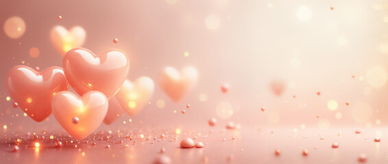 Fototapeta premium Glowing Pink Valentine Hearts Floating with Magical Sparkles in Dreamy Rose Gold Light