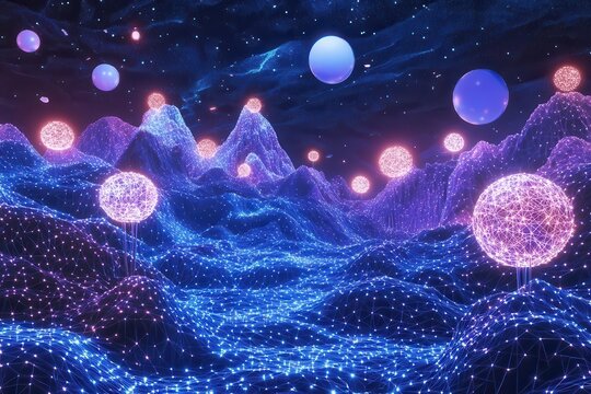3d digital landscape with glowing network nodes floating over geometric terrain, rendered in deep blues and purples with particle effects