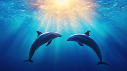 Fototapeta premium Dolphins swimming gracefully underwater, illuminated by sunlight, create serene and playful atmosphere. Their interaction showcases beauty of marine life