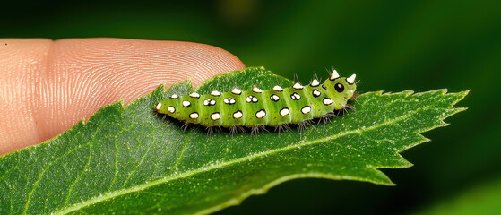 Fototapeta premium A green caterpillar with white spikes rests on a leaf, held by a finger, showcasing the delicate connection between nature and human interaction.
