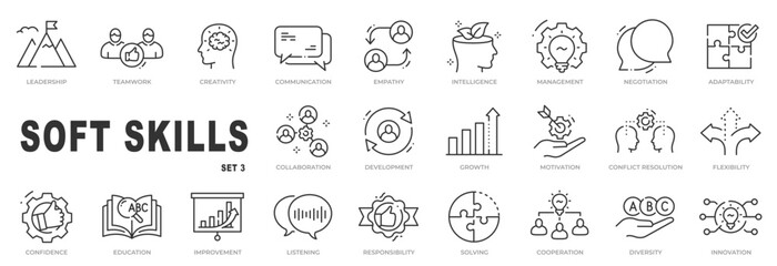 Set of soft skills related line icons. Teamwork, empathy, growth, creativity etc. Editable stroke. Set 3