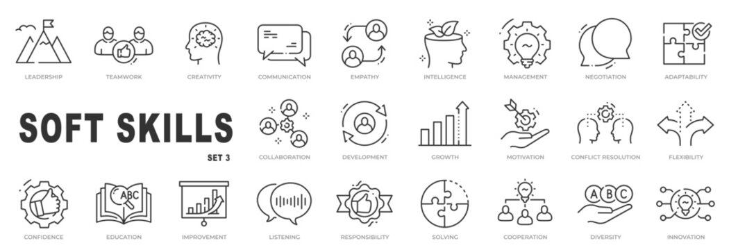 Set of soft skills related line icons. Teamwork, empathy, growth, creativity etc. Editable stroke. Set 3
