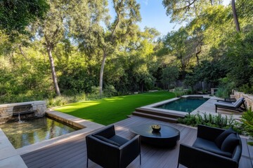 Fototapeta premium Experience a lavish backyard oasis featuring a glistening swimming pool and tranquil landscaping, perfect for unwinding in a serene natural environment