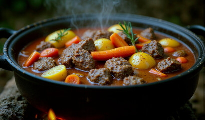Aromatic South African potjiekos with meatballs and vegetables, rustic style