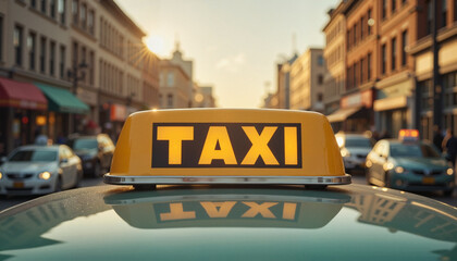 Fototapeta premium Taxi sign illuminated on car roof in urban setting