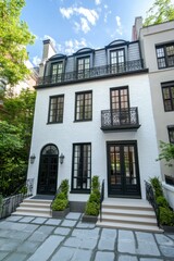 Elegant urban residence showcasing modern design with lush greenery, blue sky, and sunlight illuminating its stylish facade in a serene neighborhood setting