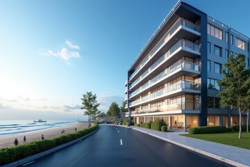Contemporary Beachfront Residential Building Overlooking Ocean Front with Modern Architecture and Scenic Coastal Views Near Walkway and Green Spaces