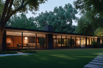 Modern home featuring expansive glass walls surrounded by lush greenery in a serene evening setting invites relaxation and contemplation in nature
