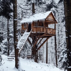 Cozy wooden treehouse nestled in a snowy winter forest