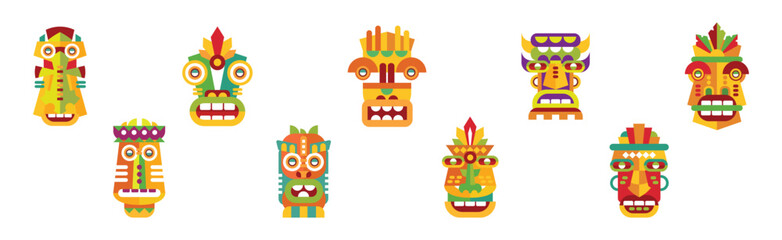 Fototapeta premium Tribal Hawaiian Wooden Carved Mask as Ritual Symbol Vector Set