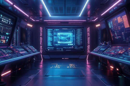 a futuristic command center with holographic data visualizations, glowing analytics displays in deep blues and purples, 8k hyperrealistic rendering
