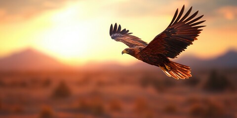 Fototapeta premium A majestic hawk soars against a vibrant sunset, showcasing its powerful wings and the serene beauty of nature.