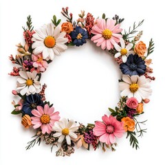 Fototapeta premium A vibrant floral wreath made of various colorful flowers and greenery, perfect for decoration or events. isolated on white background