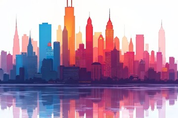 Fototapeta premium Vibrant City Skyline with Reflections on Water - Colorful Urban Landscape
