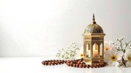 Obraz premium Golden ornate lantern, Islamic design, white background