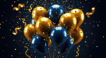 3D Illustration - Festive Celebration with Gold and Blue Balloons and Confetti on Dark Background