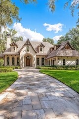 A stunning French-style home featuring a beautifully landscaped garden and a charming stone pathway, all basking in the warmth of a sunny day in a peaceful neighborhood