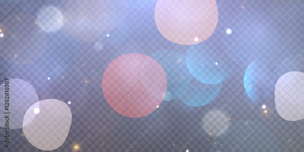 Poster Light bokeh of rainbow dust. Christmas glowing bokeh and glitter overlay texture for your design on a transparent background. Rainbow particles abstract vector background.	