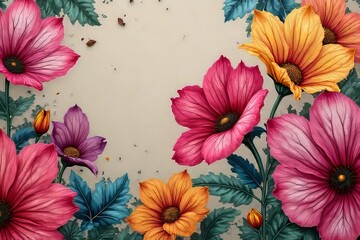 Vibrant Floral Illustration with Pink, Orange, and Purple Flowers on Beige Background