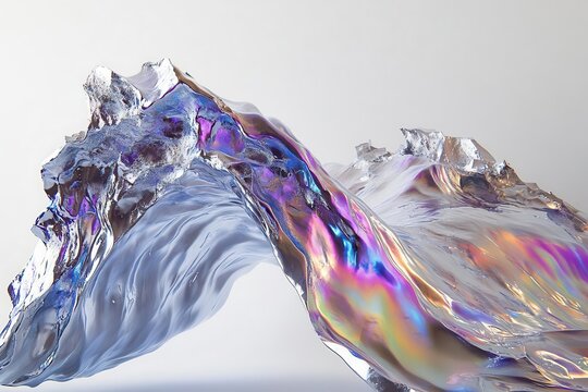 a mesmerizing crystalline waterfall of liquid metal, suspended in mid-flow, creating an iridescent sculptural form against a stark white void, ultra-detailed 3d rendering