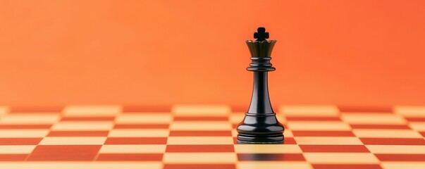 Key success think big. A solitary black king chess piece stands on a checkered board against a vibrant orange background, symbolizing strategy and competition.