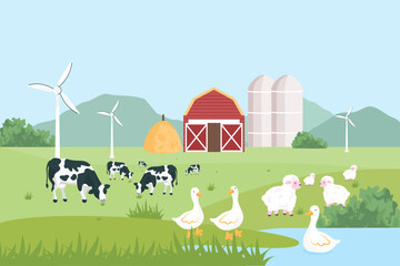 Vector illustration of a rural farm landscape with dairy cows, sheep, and ducks grazing on a grassy meadow. A red barn and mountains create a charming backdrop. © Illustartathome