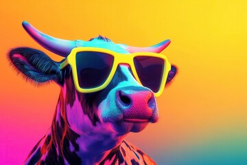 a playful holstein cow wearing neon-rimmed sunglasses, digital art style with vibrant colors and gradient background, whimsical expression, 3d rendered