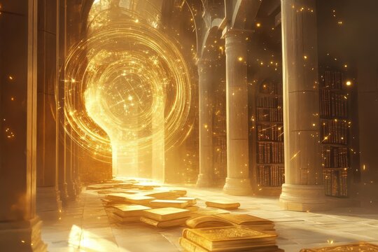 a mystical library corridor with floating books emitting soft golden light, ancient scrolls unfurling in spirals, knowledge symbols and constellations dancing in the air, dreamlike atmosphere