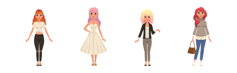 Stylish Woman Character Dressed in Elegant Clothing Vector Set