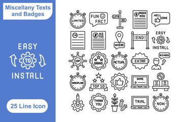 Naklejka premium Miscellany Texts and Badges icon set. Collection of badges, badge, brand, discount, sale, demo, video, and more. Vector illustration. Editable stroke.