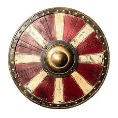 A Roman centurion's shield with faded colors, ancient armor, soft red and gold tones, isolated on white background
